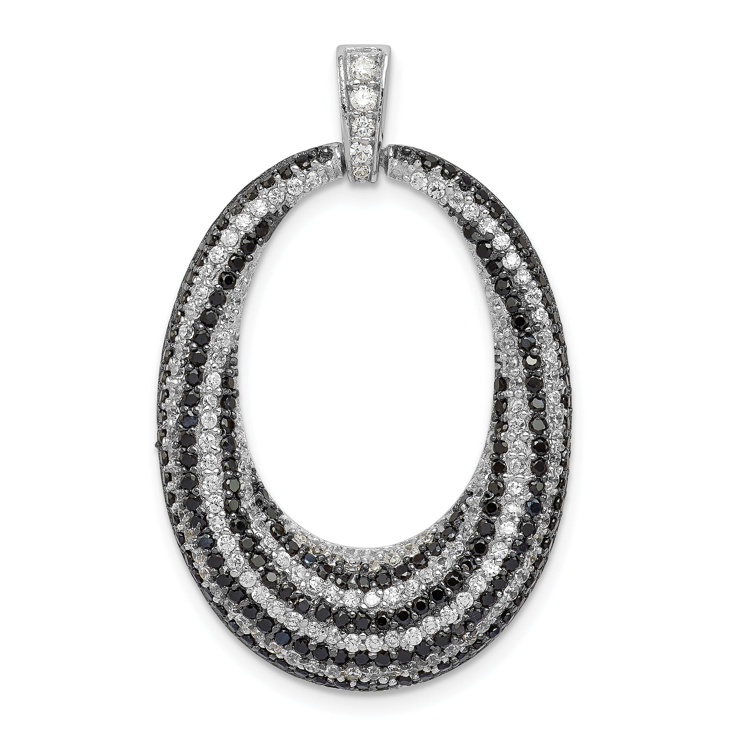 Sterling Silver Black and White CZ Open Oval Fancy Pendant