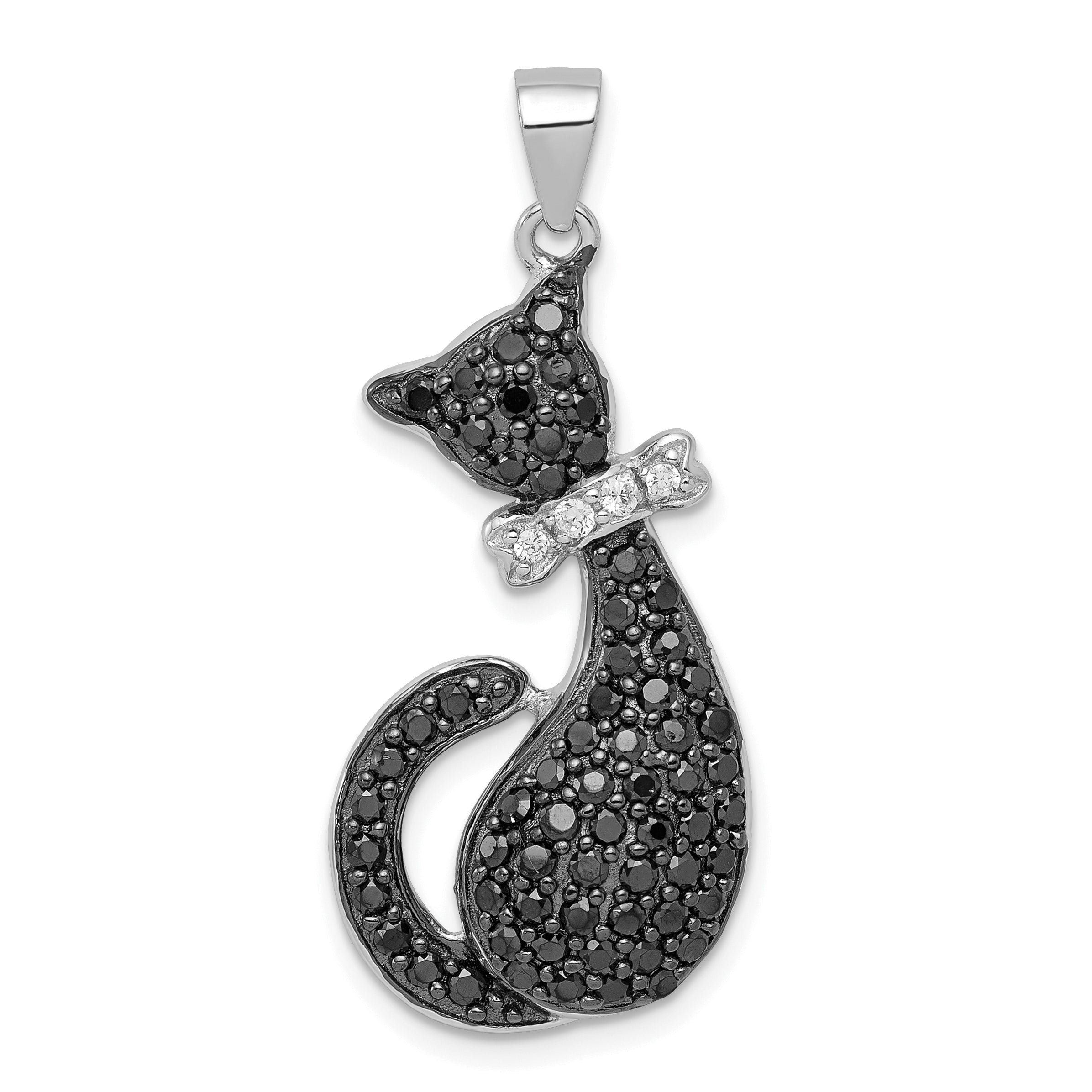 Sterling Silver Black & White CZ Cat with Bow Pendant Main image