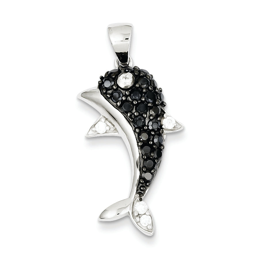 Sterling Silver Black & White CZ Dolphin Pendant Main image