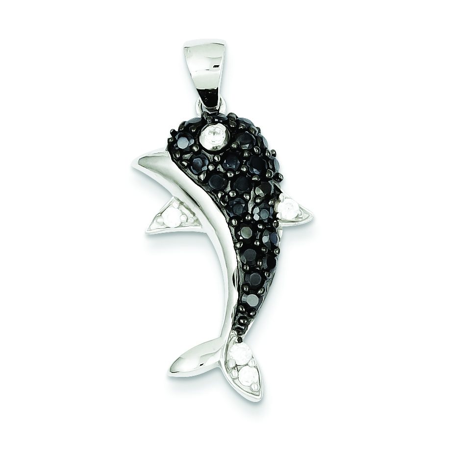 Black & White Cubic Zirconia Dolphin Pendant in Sterling Silver, 34mm - Sophia Jewelers