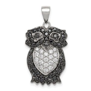 Owl Pendant in Sterling Silver with Black & White Cubic Zirconia, 29mm - Sophia Jewelers