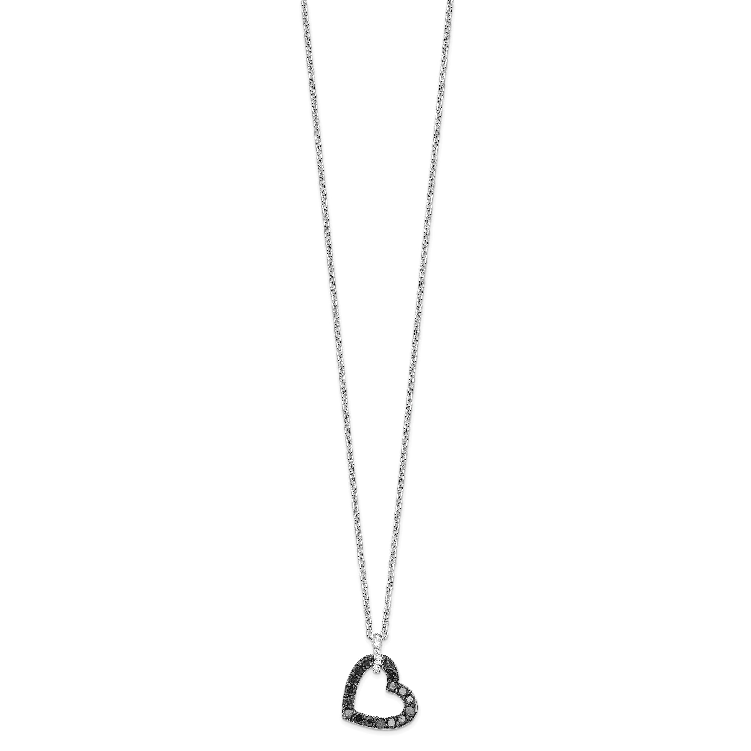 White Night Sterling Silver Rhodium-plated Black and White Diamond Heart Necklace with 2 Inch Extender