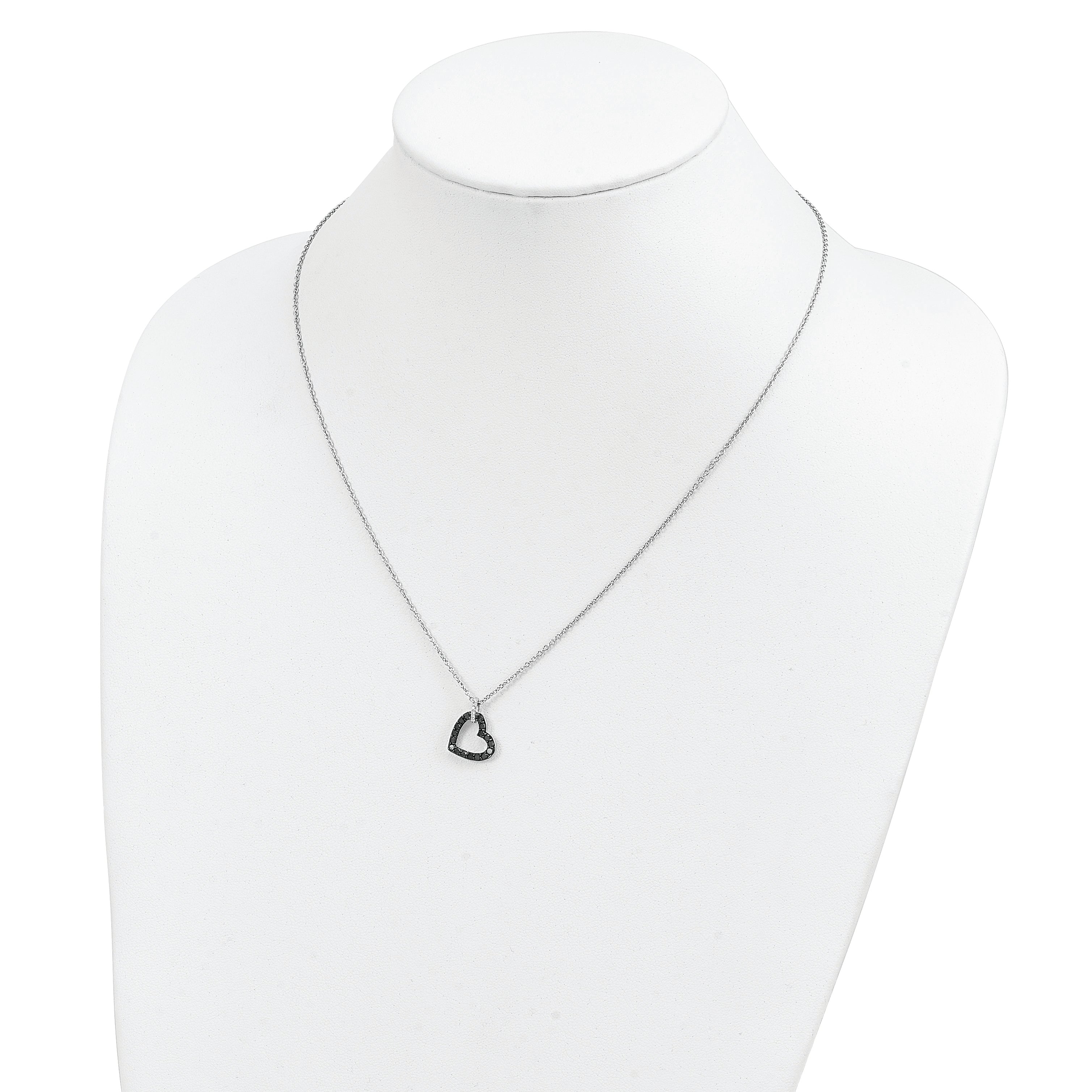 White Night Sterling Silver Rhodium-plated Black and White Diamond Heart Necklace with 2 Inch Extender