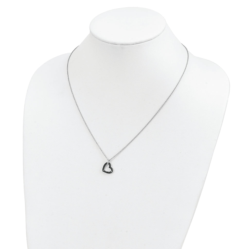 Sterling Silver Black & White Diamond Heart Necklace with Polished Rhodium Finish