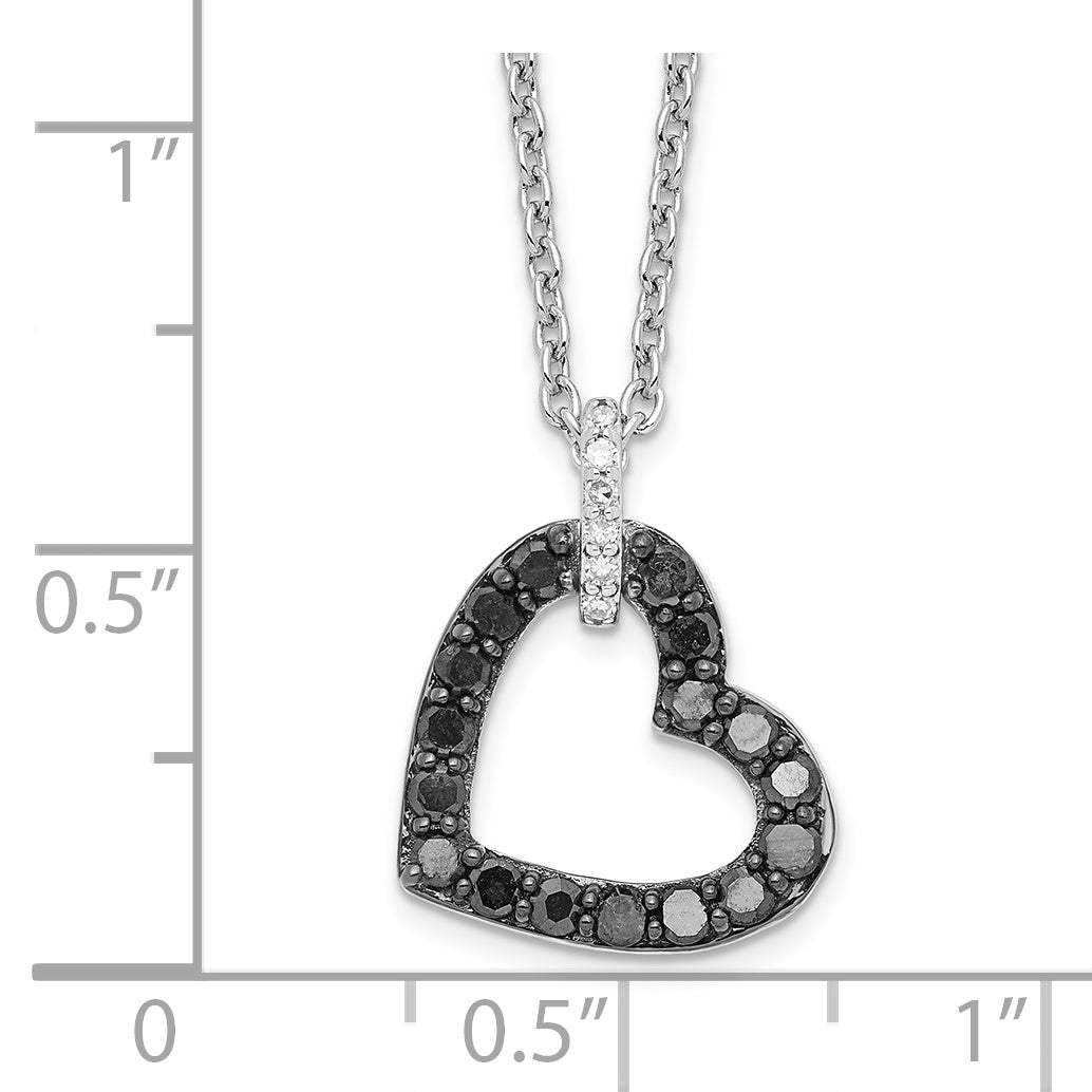 White Night Sterling Silver Rhodium-plated Black and White Diamond Heart Necklace with 2 Inch Extender