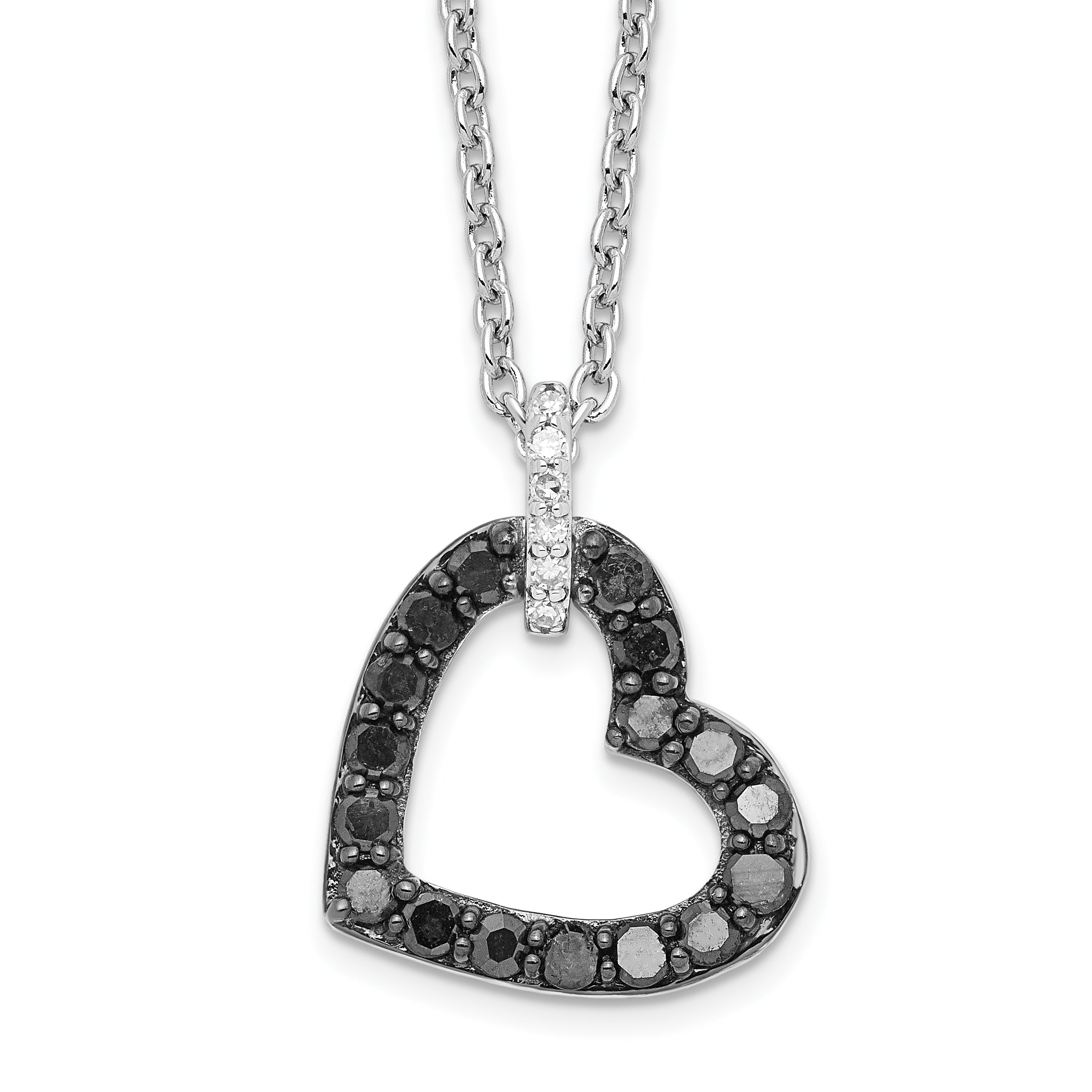 White Night Sterling Silver Rhodium-plated Black and White Diamond Heart Necklace with 2 Inch Extender