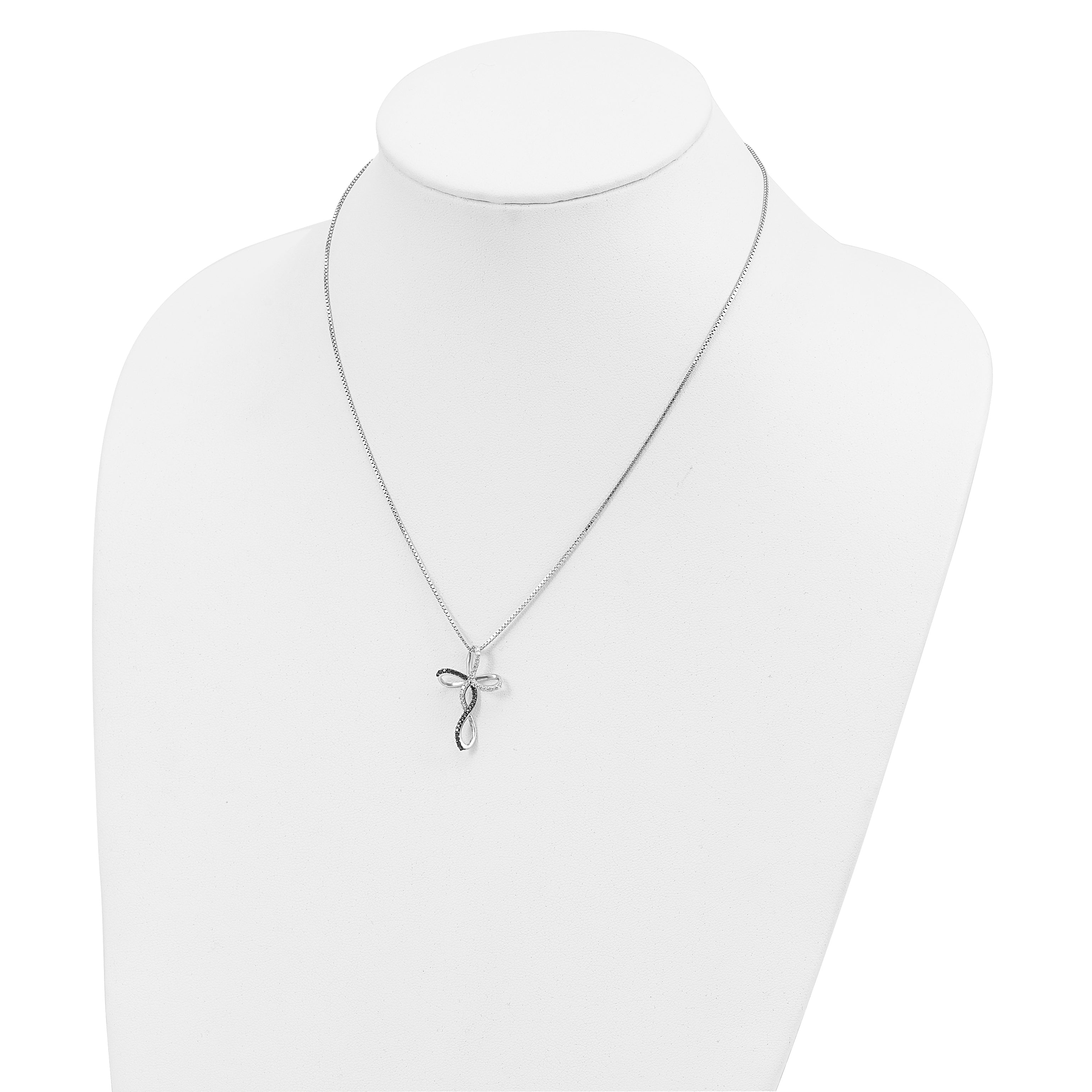 White Night Sterling Silver Rhodium-plated Black and White Diamond Cross 18 Inch Necklace with 2 Inch Extender
