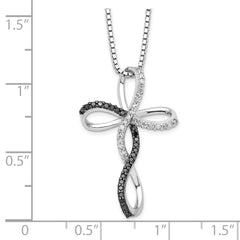 White Night Sterling Silver Rhodium-plated Black and White Diamond Cross 18 Inch Necklace with 2 Inch Extender