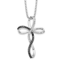 White Night Sterling Silver Rhodium-plated Black and White Diamond Cross 18 Inch Necklace with 2 Inch Extender