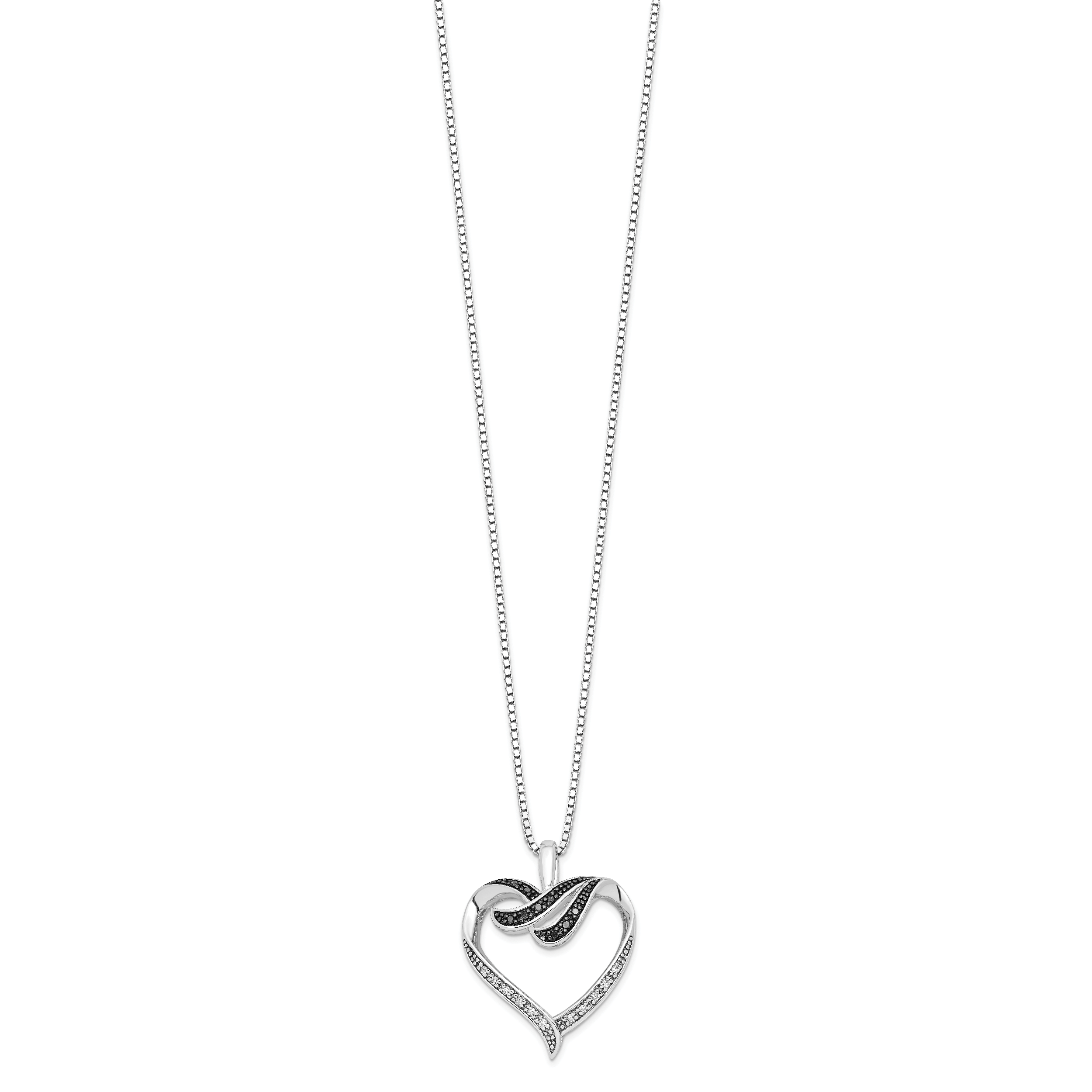 White Night Sterling Silver Rhodium-plated Black and White Diamond Heart 18 Inch Necklace with 2 Inch Extender