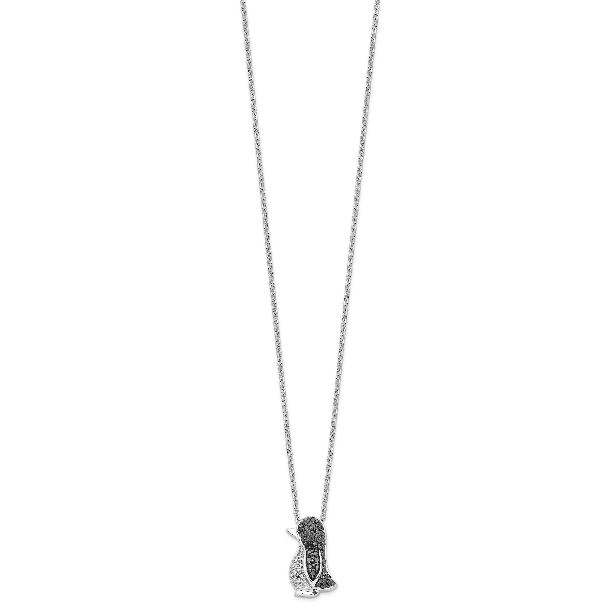 White Night Sterling Silver Rhodium-plated Black and White Diamond Penguin 18 Inch Necklace with 2 Inch Extender