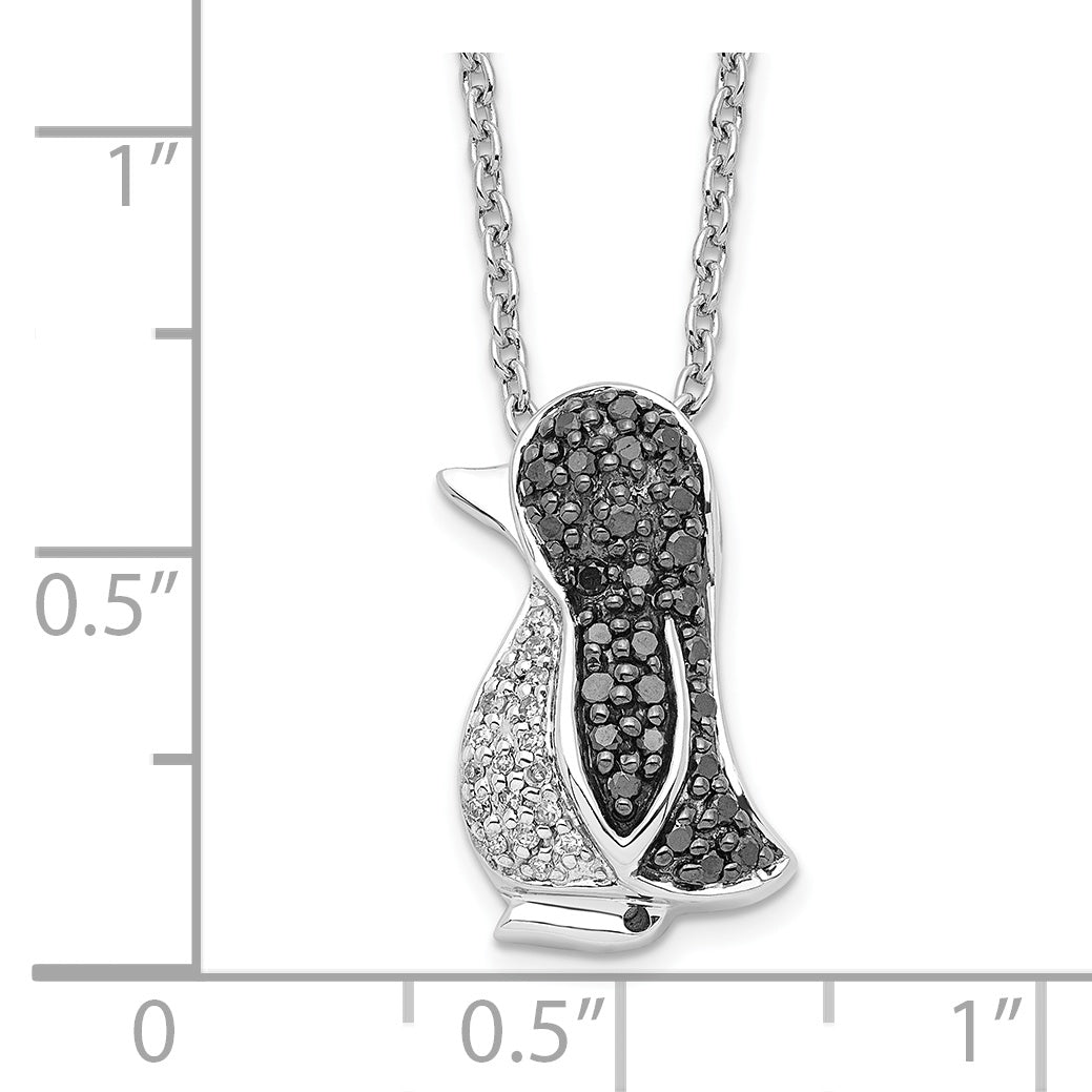 White Night Sterling Silver Rhodium-plated Black and White Diamond Penguin 18 Inch Necklace with 2 Inch Extender