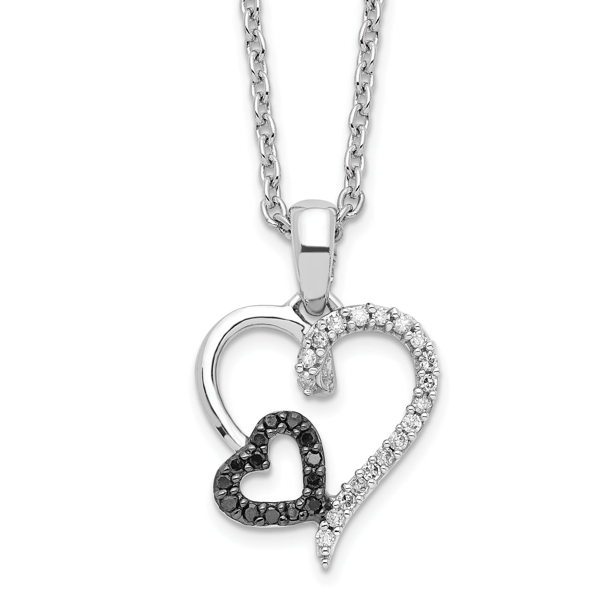 White Night Sterling Silver Rhodium-plated Black and White Diamond Double Heart 18 Inch Necklace with 2 Inch Extender