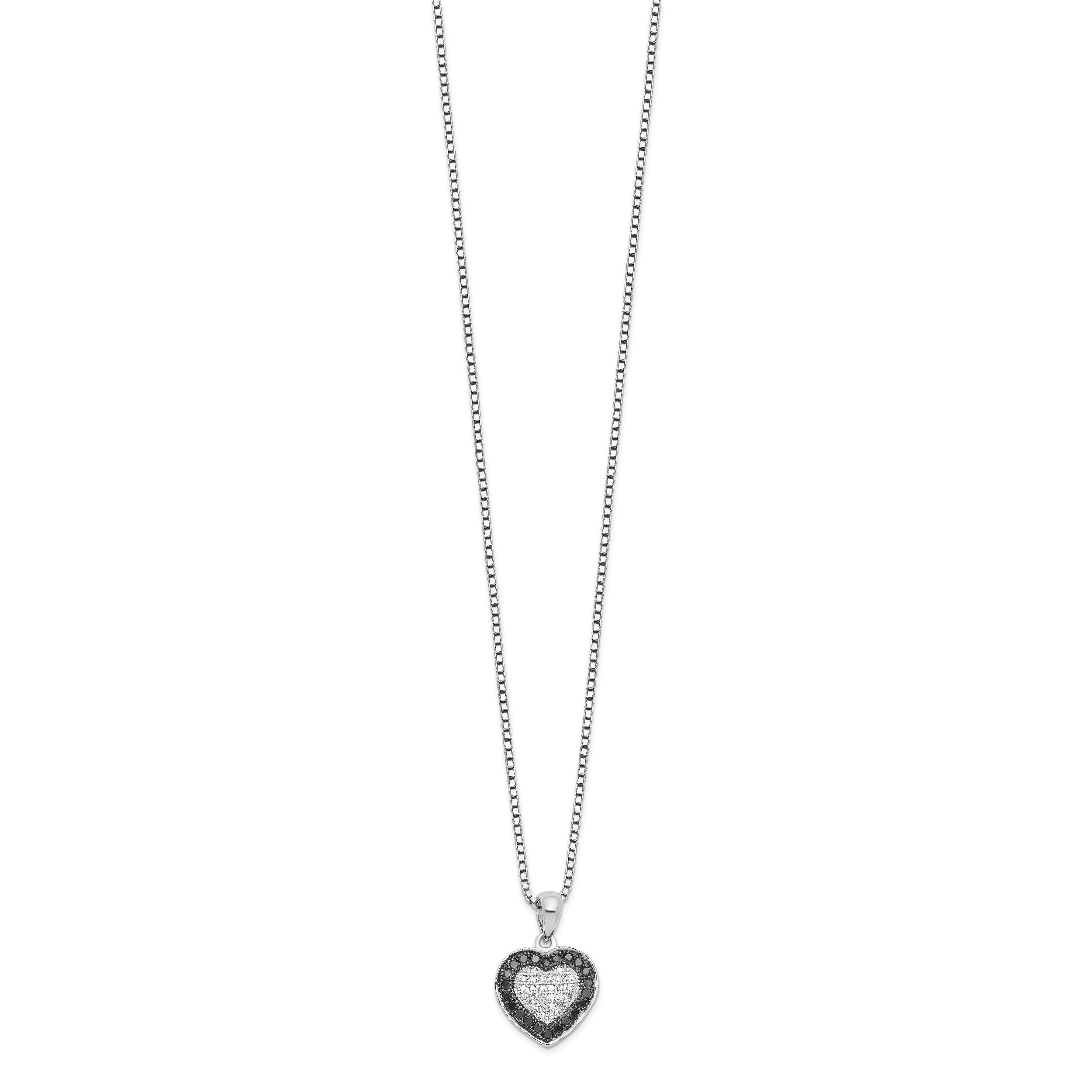 White Night Sterling Silver Rhodium-plated Black and White Diamond Heart 18 Inch Necklace with 2 Inch Extender