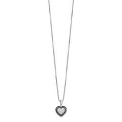 White Night Sterling Silver Rhodium-plated Black and White Diamond Heart 18 Inch Necklace with 2 Inch Extender