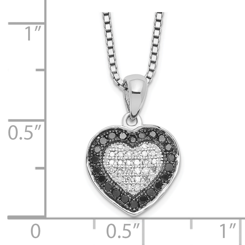 White Night Sterling Silver Rhodium-plated Black and White Diamond Heart 18 Inch Necklace with 2 Inch Extender