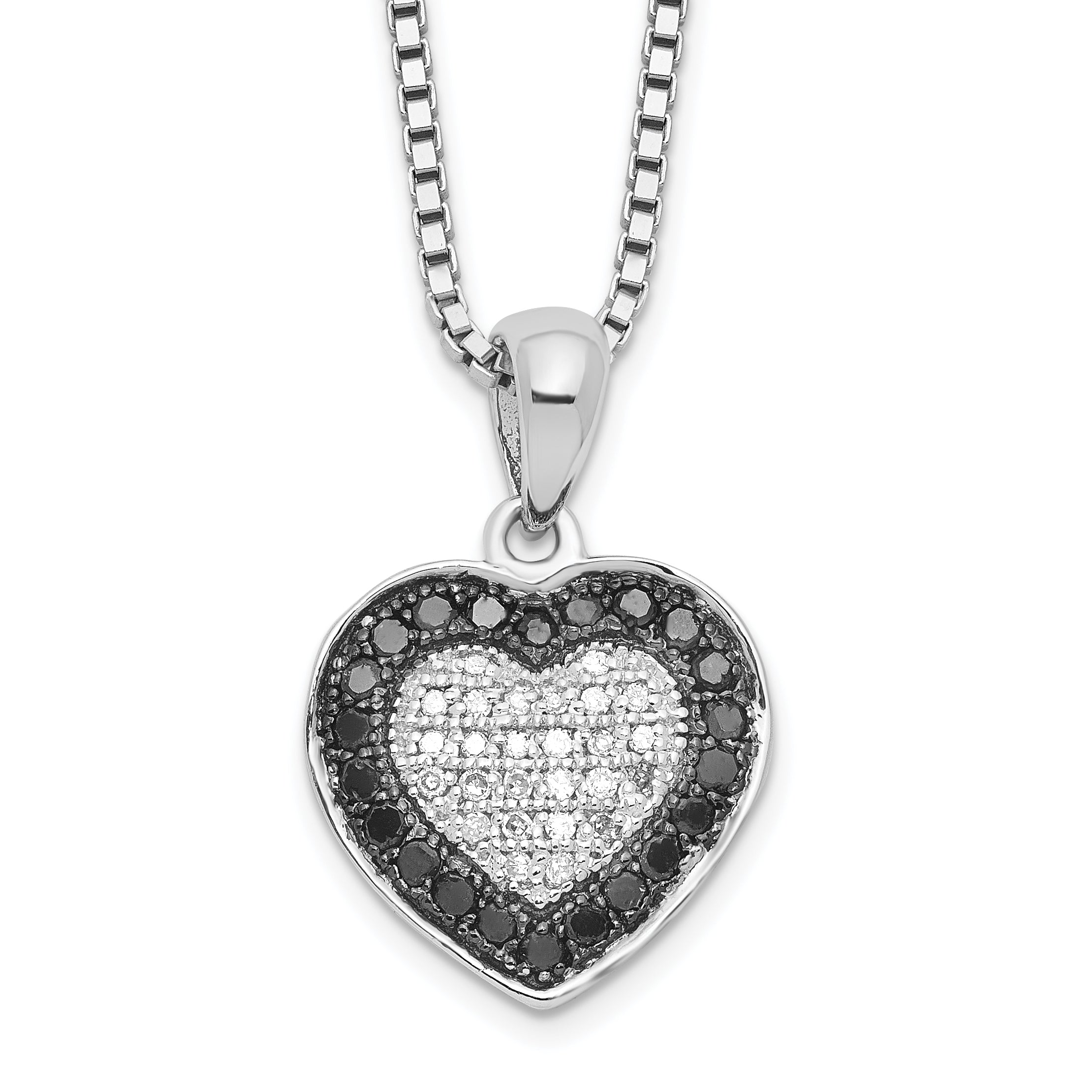 White Night Sterling Silver Rhodium-plated Black and White Diamond Heart 18 Inch Necklace with 2 Inch Extender