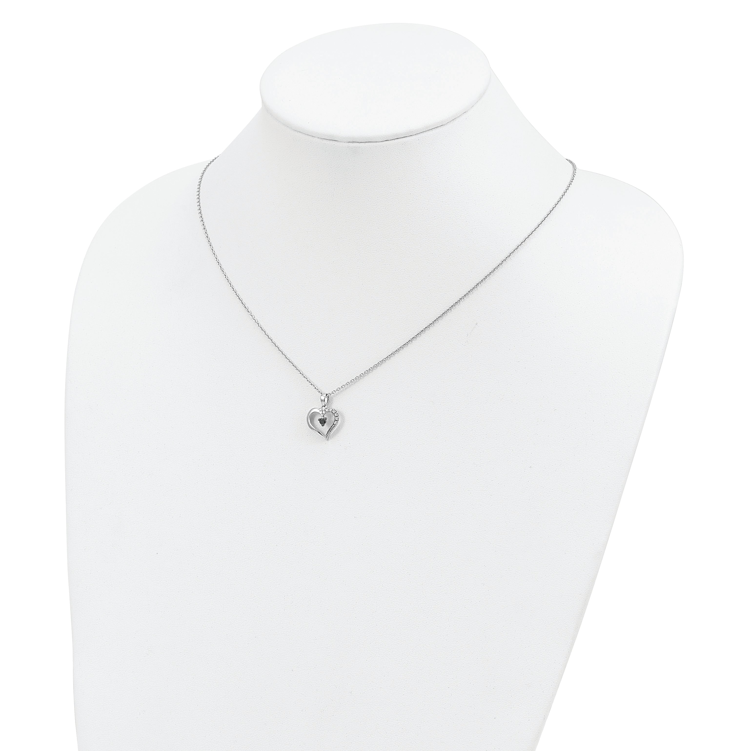 White Night Sterling Silver Rhodium-plated Black and White Diamond Heart 18 Inch Necklace with 2 Inch Extender