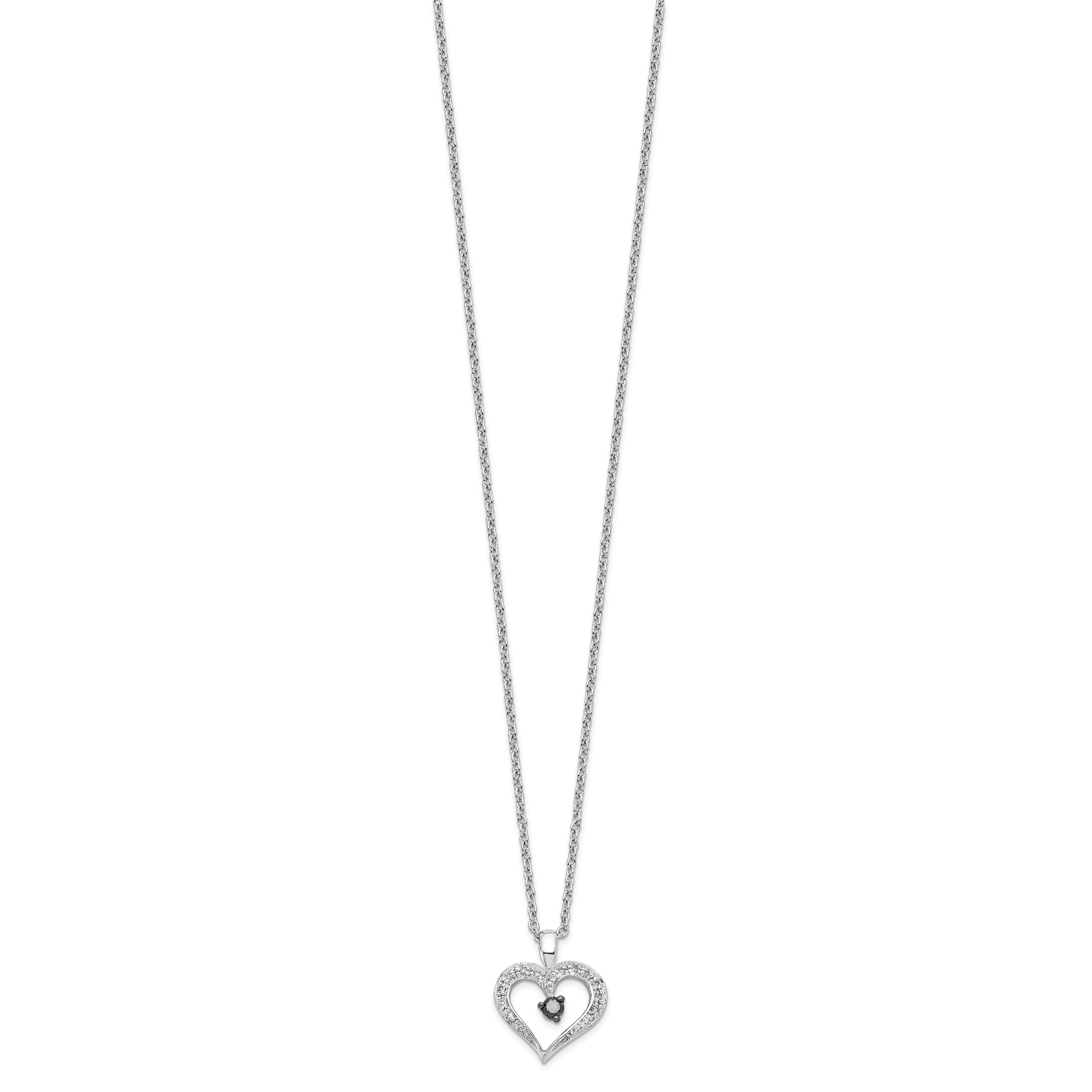 White Night Sterling Silver Rhodium-plated Black and White Diamond Heart 18 Inch Necklace with 2 Inch Extender