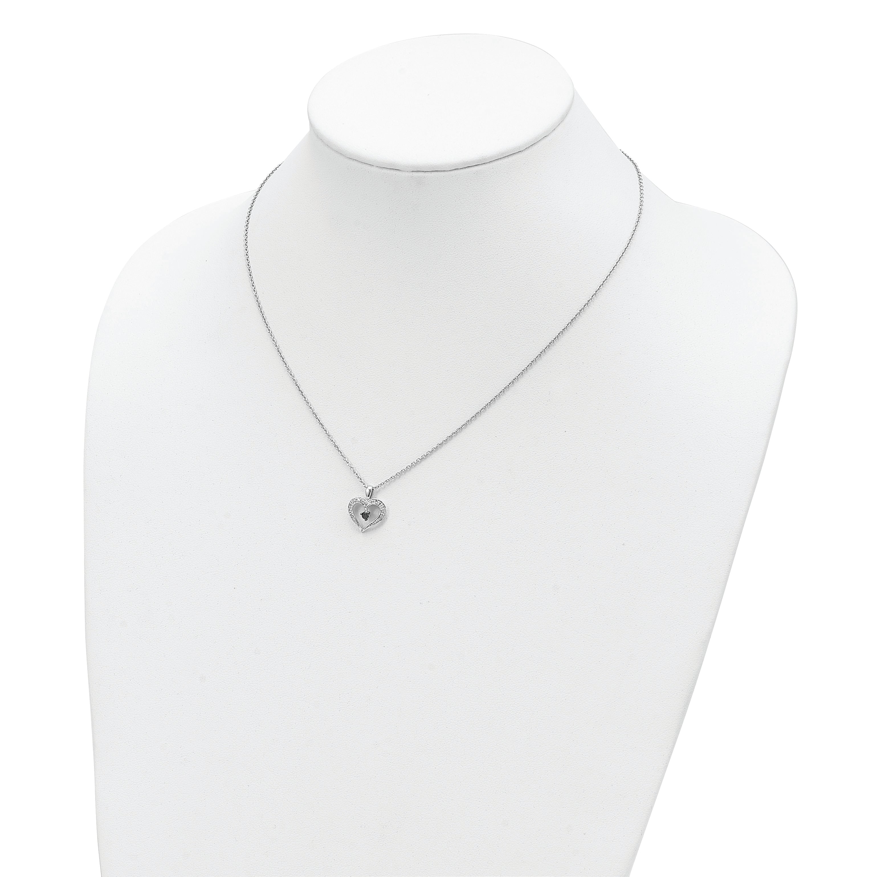 White Night Sterling Silver Rhodium-plated Black and White Diamond Heart 18 Inch Necklace with 2 Inch Extender