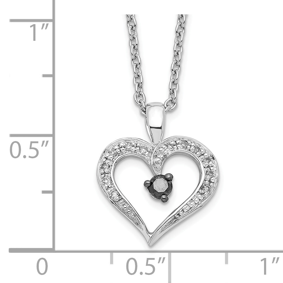 White Night Sterling Silver Rhodium-plated Black and White Diamond Heart 18 Inch Necklace with 2 Inch Extender