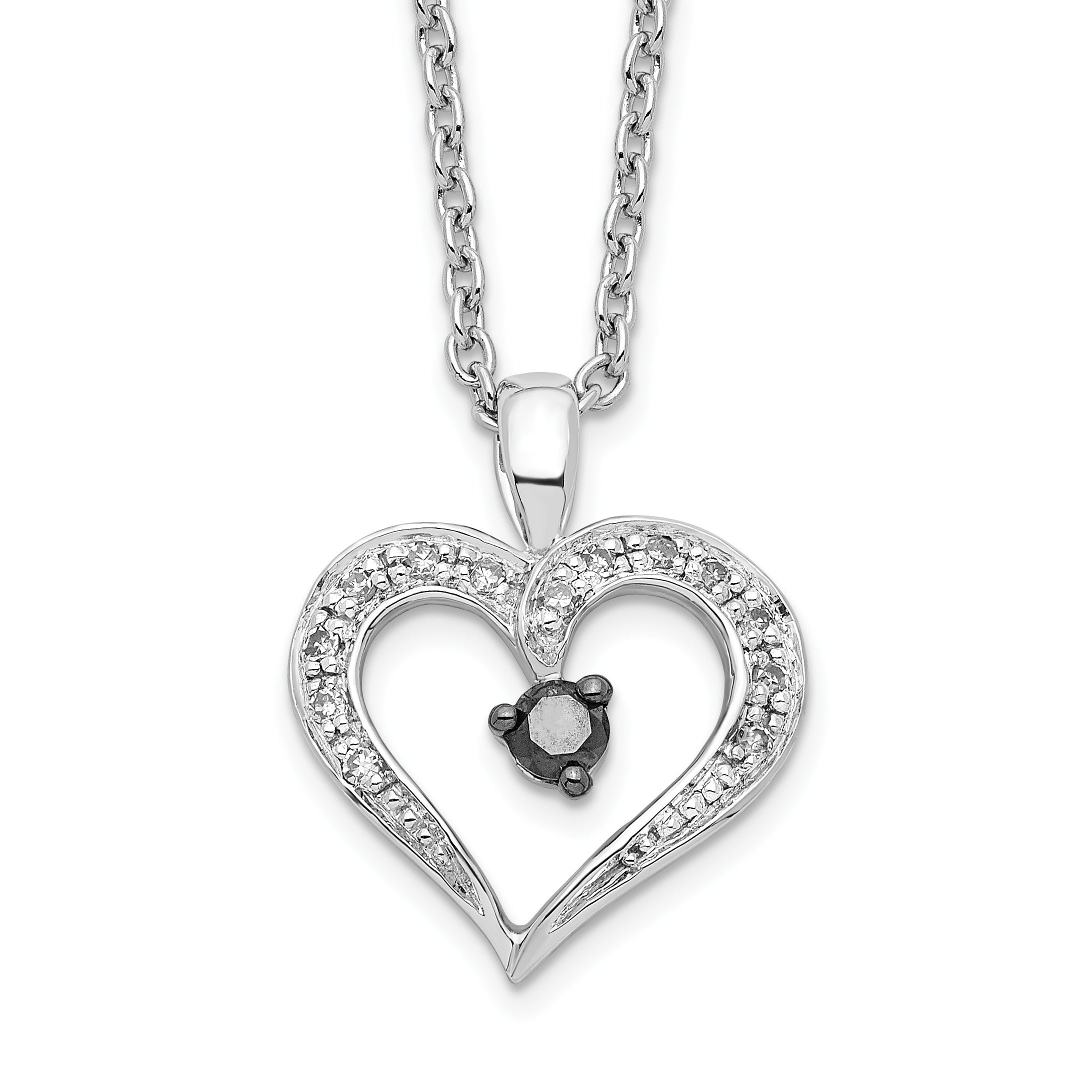 White Night Sterling Silver Rhodium-plated Black and White Diamond Heart 18 Inch Necklace with 2 Inch Extender