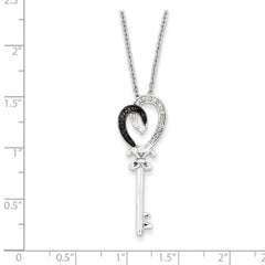White Night 925 Sterling Silver Heart and Key Necklace with Black & White Diamonds