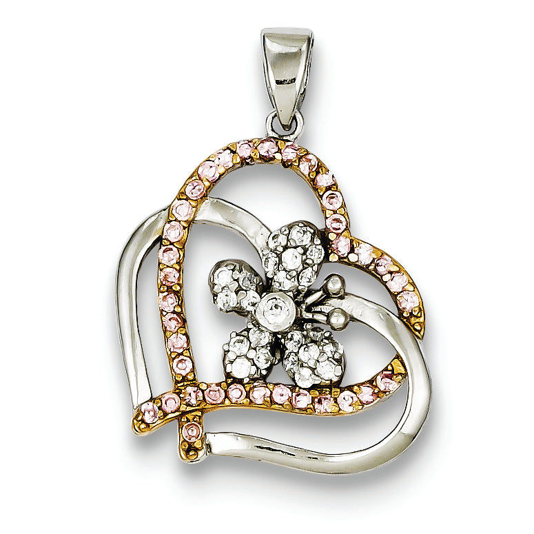 Sterling Silver Flash Gold Plated Pink & Clear CZ Heart Flower Pendant