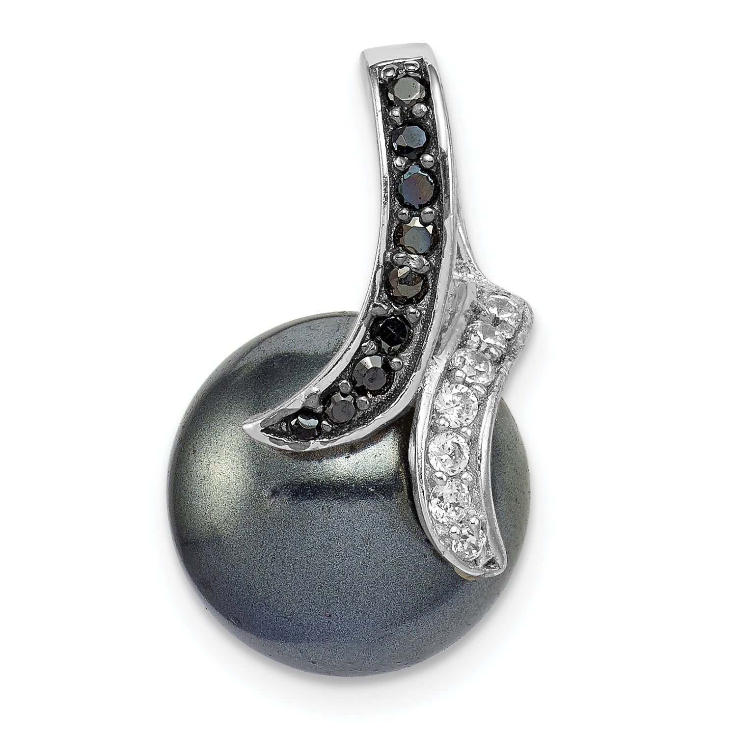 Sterling Silver Blk & Wht CZ Blk Imitation Shell Pearl Pendant