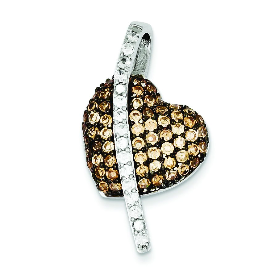 Champagne & Clear Cubic Zirconia Heart Pendant in Sterling Silver, 33mm - Sophia Jewelers