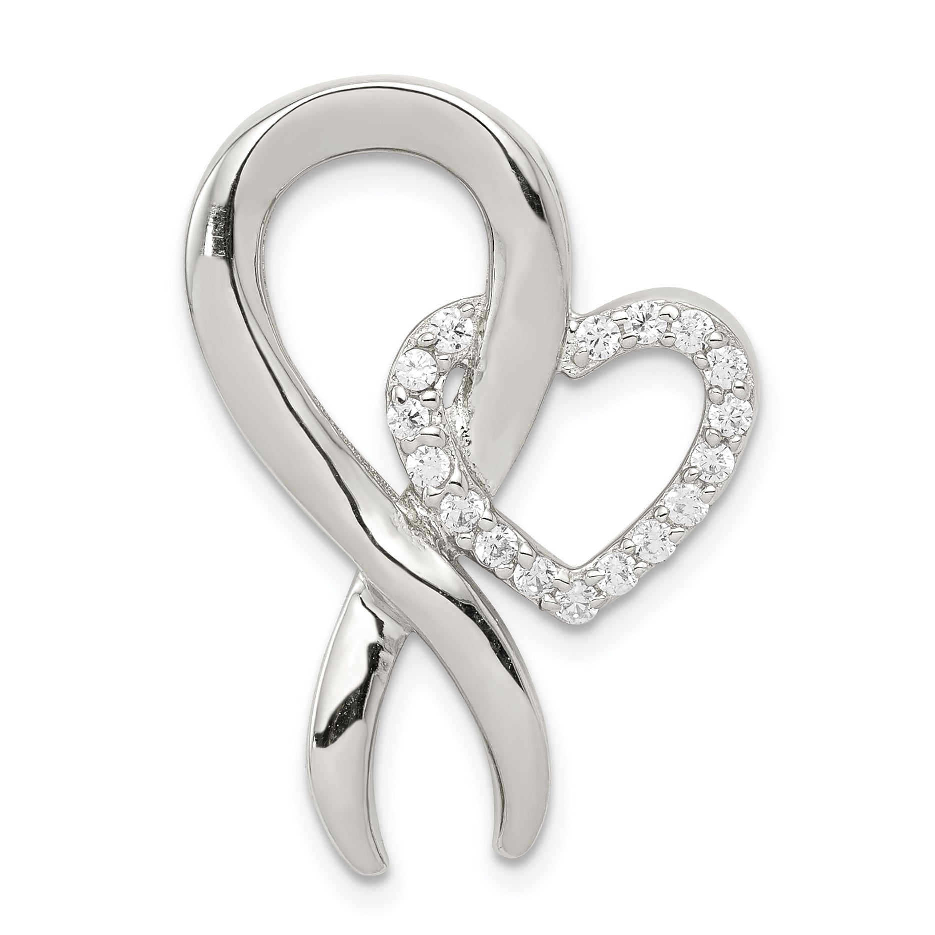 Sterling Silver Rhod-plated CZ Heart/Breast Cancer Ribbon Chain Slide Main image