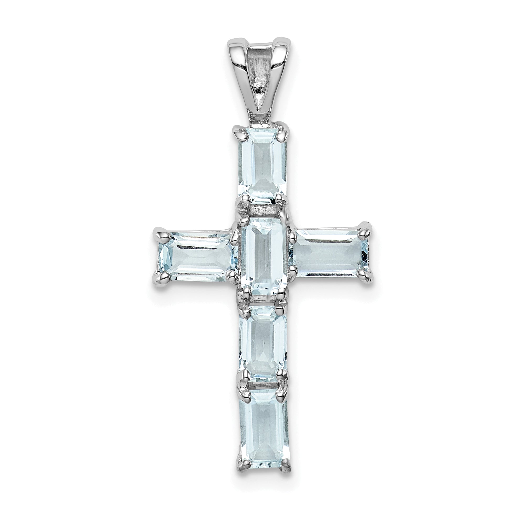 Sterling Silver Rhodium Plated Aquamarine Cross Pendant Main image