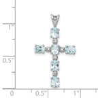 Sterling Silver Rhodium Plated Diamond & Aquamarine Cross Pendant