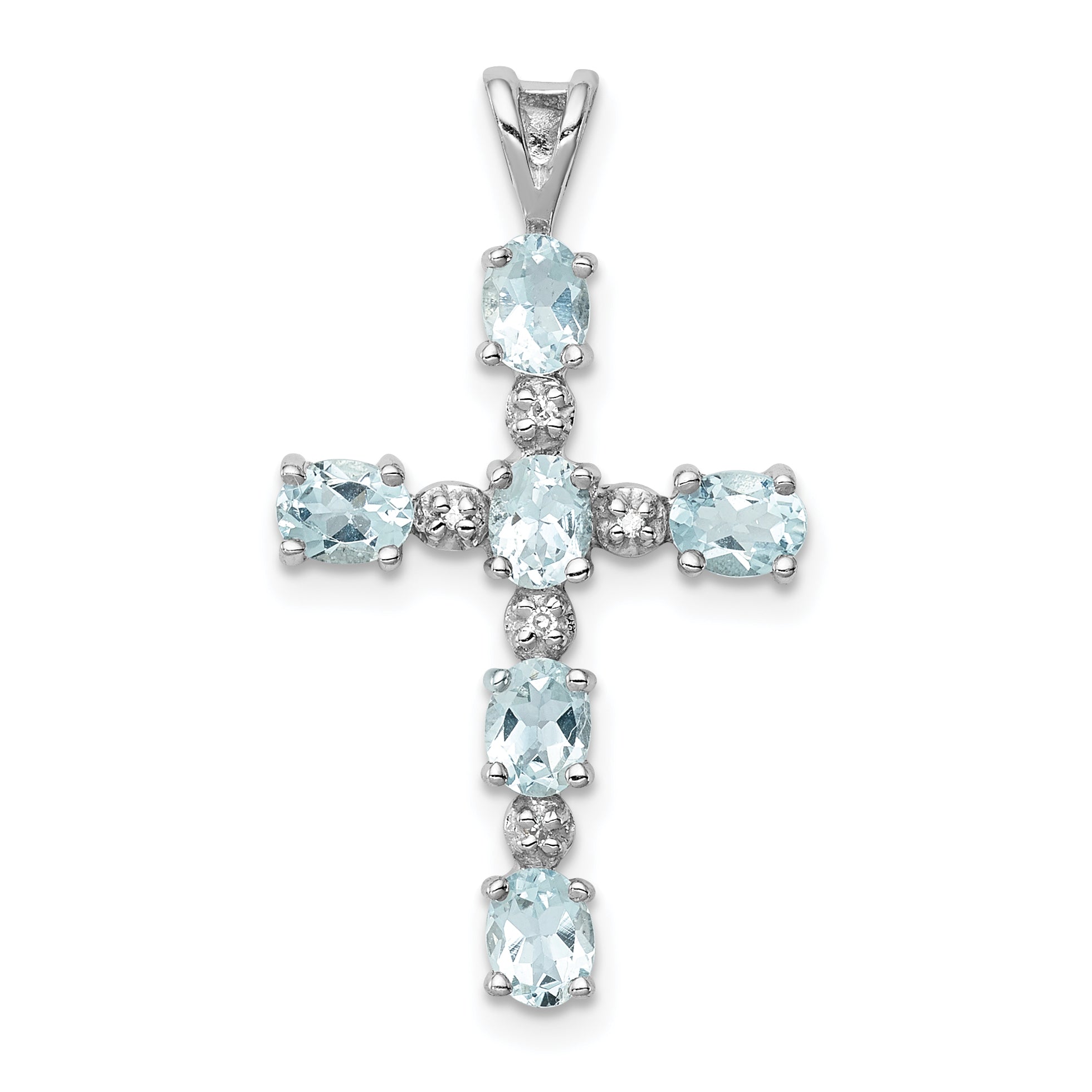Sterling Silver Rhodium Plated Diamond & Aquamarine Cross Pendant Main image
