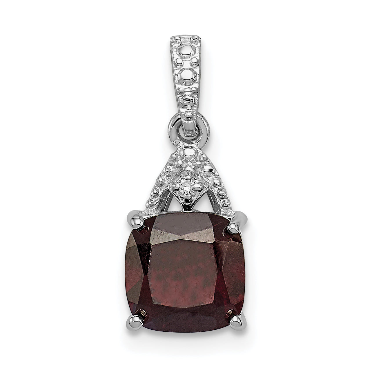 Sterling Silver Rhodium Plated Diamond Garnet Cushion Pendant Main image