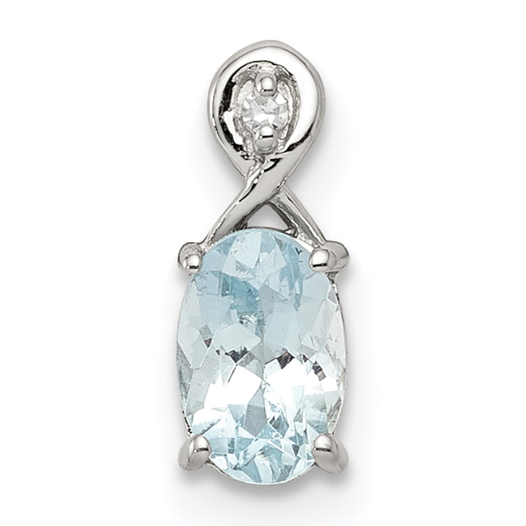 Sterling Silver Rhodium Plated Dia. & Aquamarine Oval Pendant Main image
