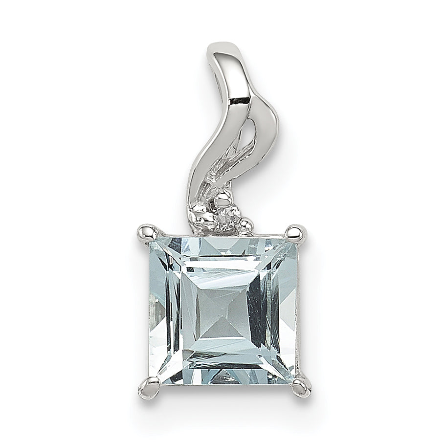 Sterling Silver Rhodium Plated Dia. & Aquamarine Square Pendant Main image