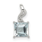 Sterling Silver Rhodium Plated Dia. & Aquamarine Square Pendant