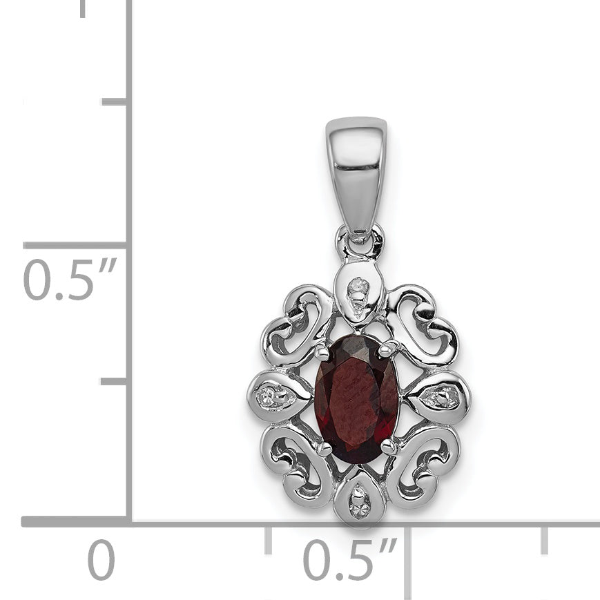 Sterling Silver Rhodium Plated Diamond & Garnet Oval Pendant