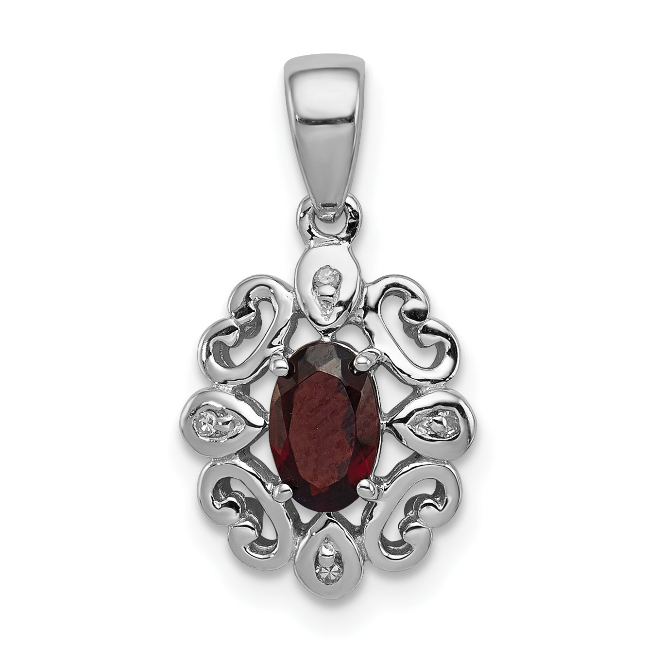 Sterling Silver Rhodium Plated Diamond & Garnet Oval Pendant Main image