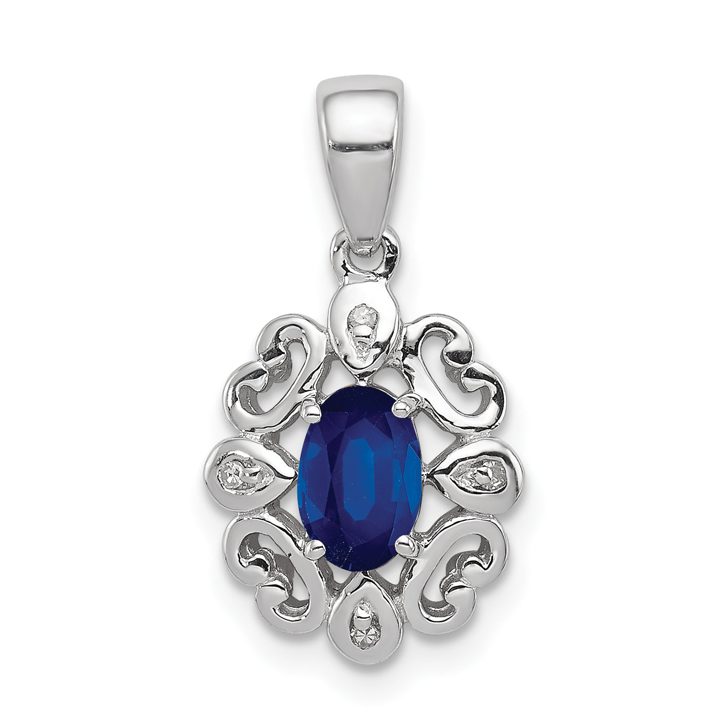Sterling Silver Rhodium Plated Diamond & Sapphire Oval Pendant Main image