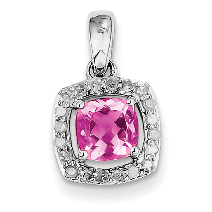 Sterling Silver Rhodium-plated Diamond & Pink Tourmaline Square Pendant Main image