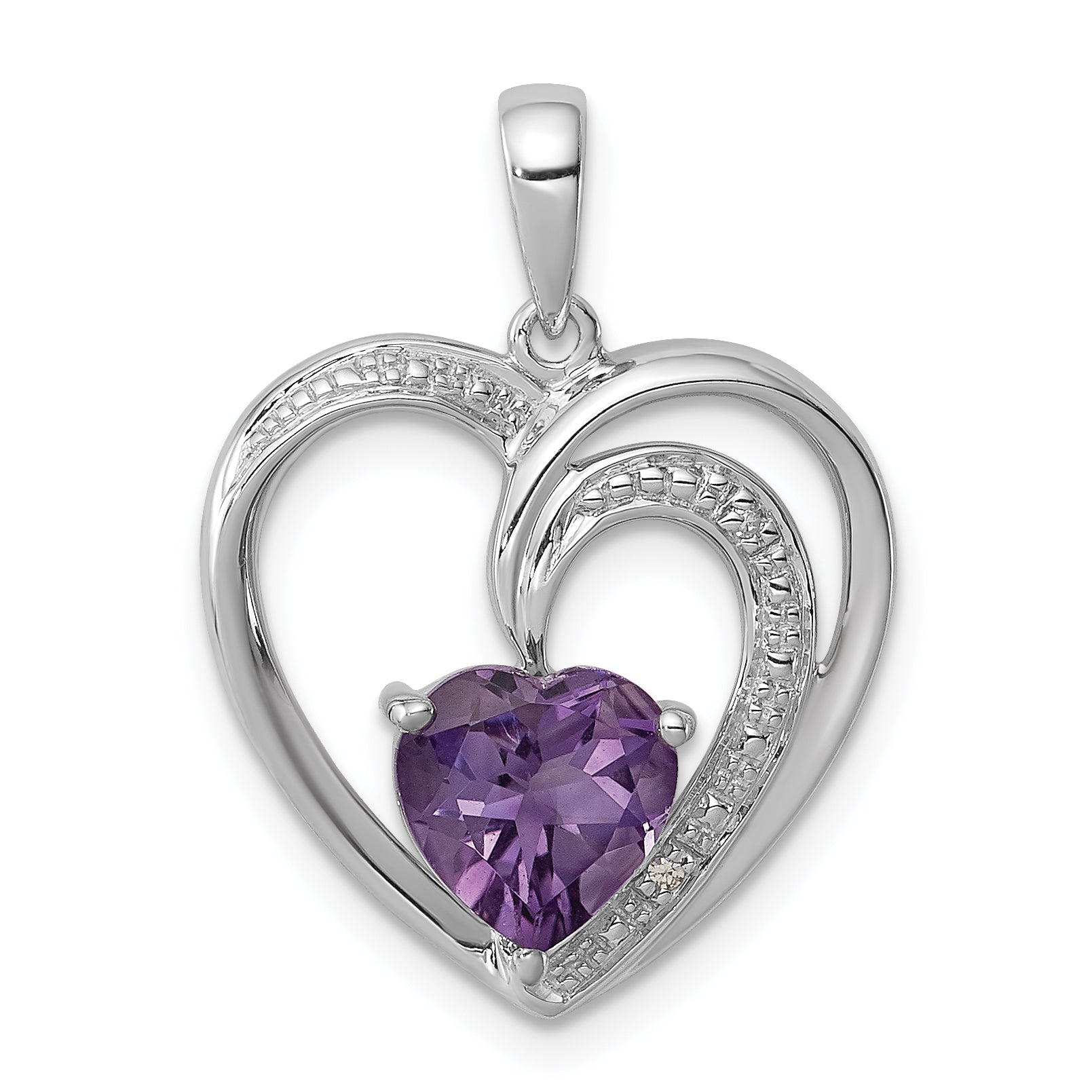Sterling Silver Rhodium Plated Diamond and Amethyst Heart Pendant Main image