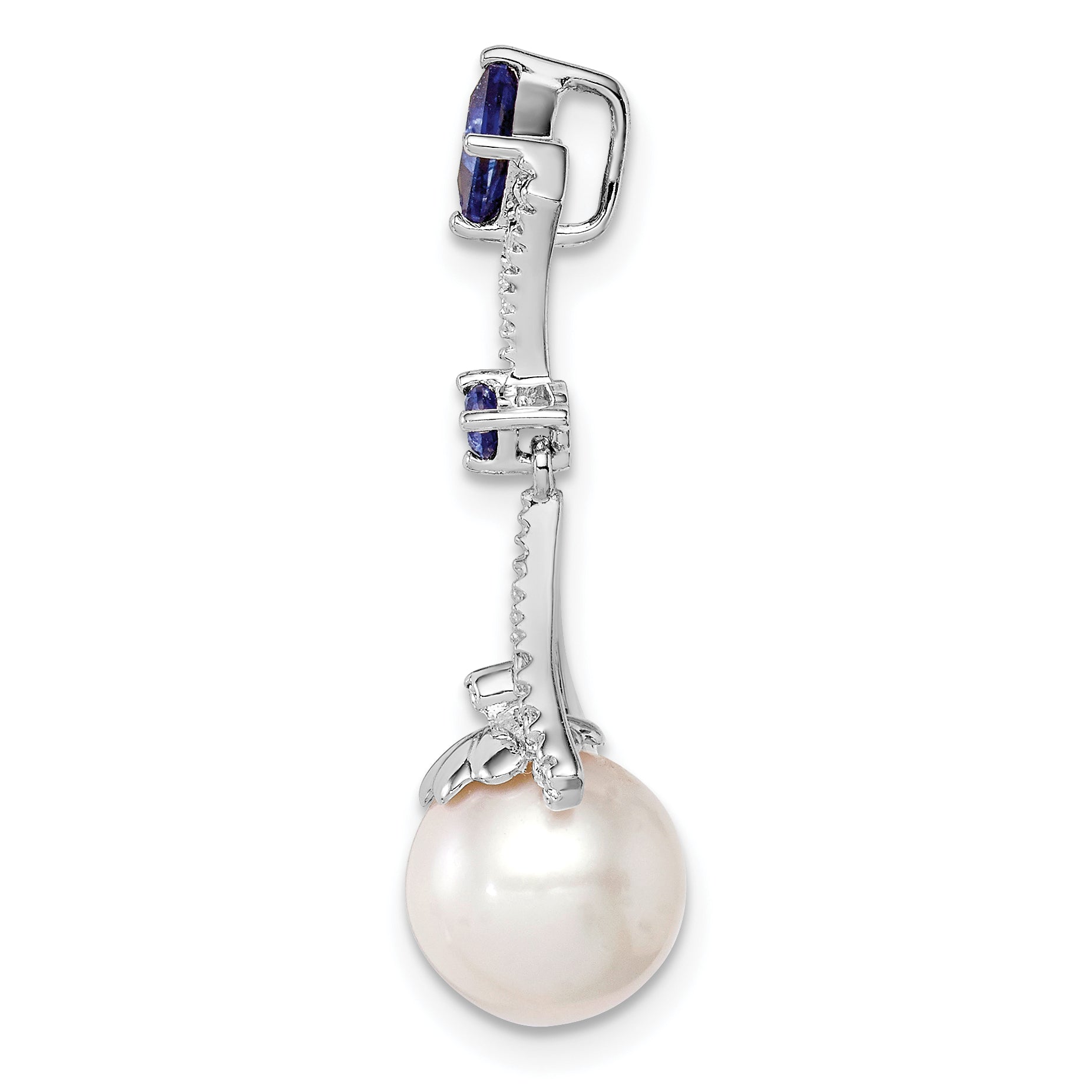 Sterling Silver Rhod Plated Dia. Created Sapphire FW Cultured Pearl Pendant