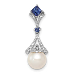 Sterling Silver Rhod Plated Dia. Created Sapphire FW Cultured Pearl Pendant