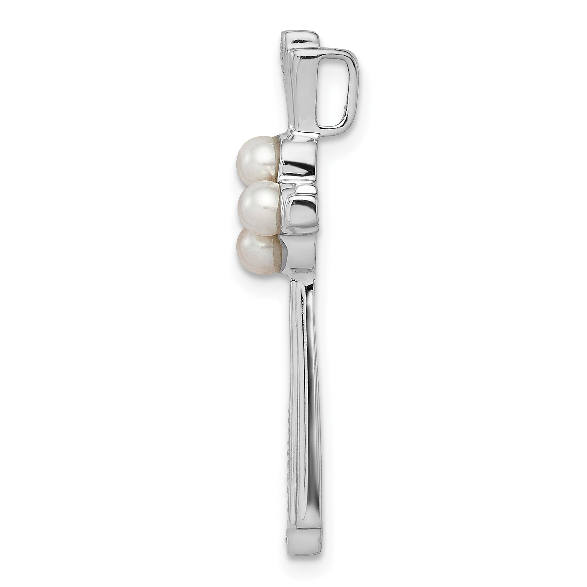 Sterling Silver Rhod Plated Diamond FW Cultured Pearl Cross Pendant Secondary image