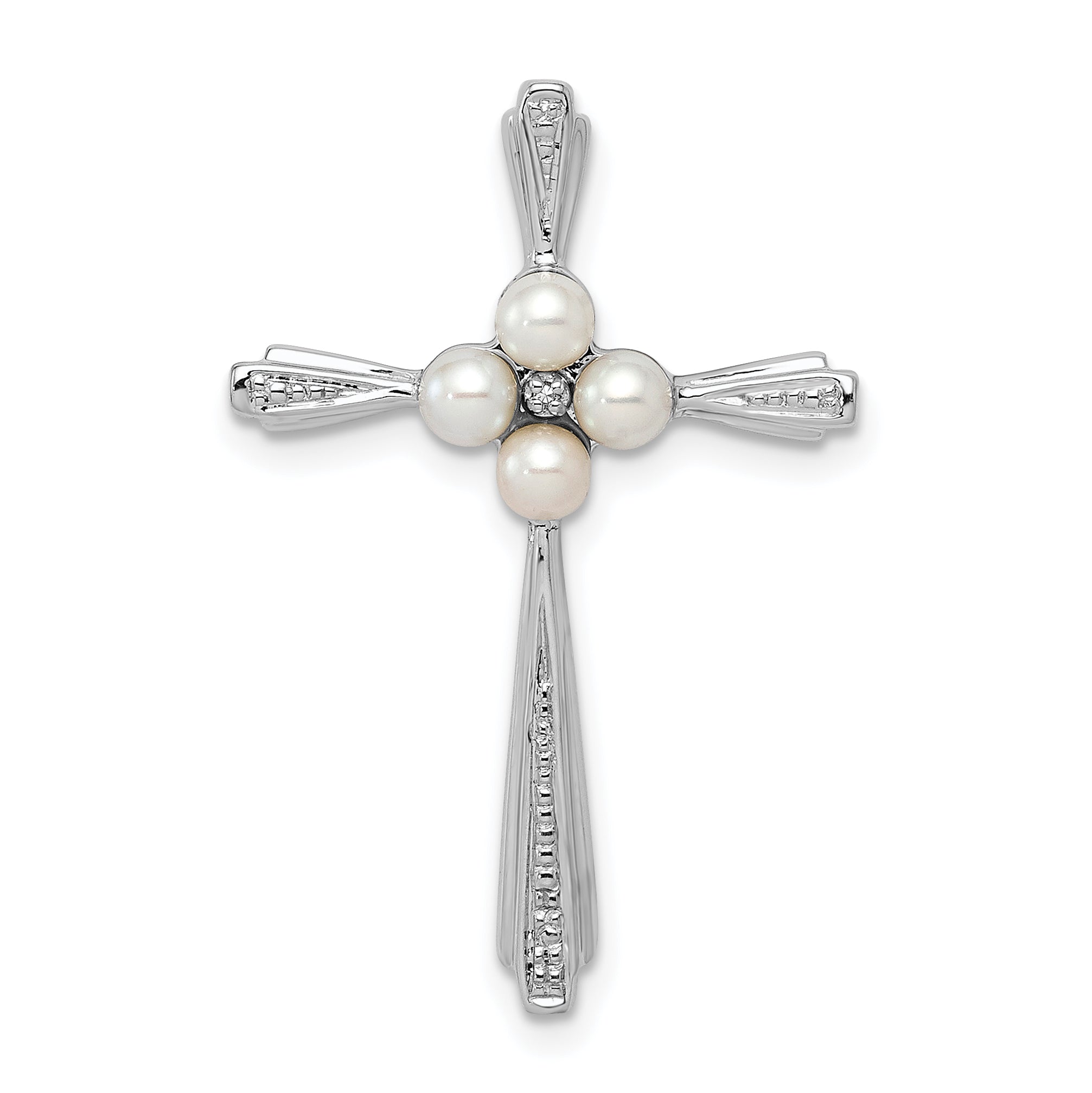 Sterling Silver Rhod Plated Diamond FW Cultured Pearl Cross Pendant Main image