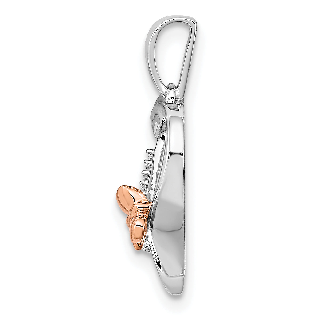 Sterling Silver Rhod-Plated With 14K Rose Gold Butterfly Diamond Heart Pendant