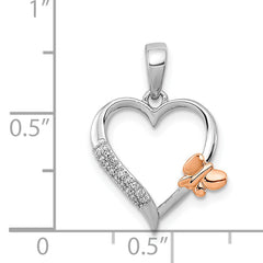 Sterling Silver Rhod-Plated With 14K Rose Gold Butterfly Diamond Heart Pendant
