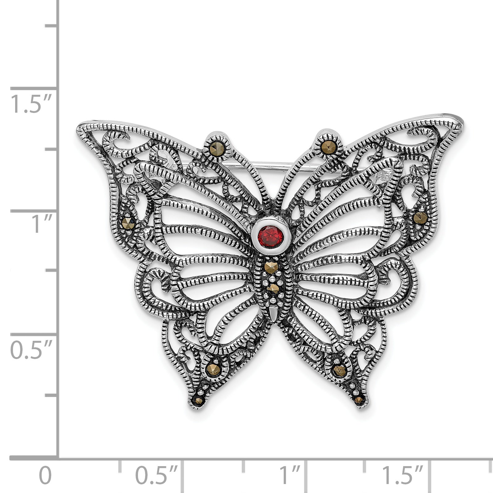 Sterling Silver Rhodium-plated Marcasite Red CZ Butterfly Pin Brooch
